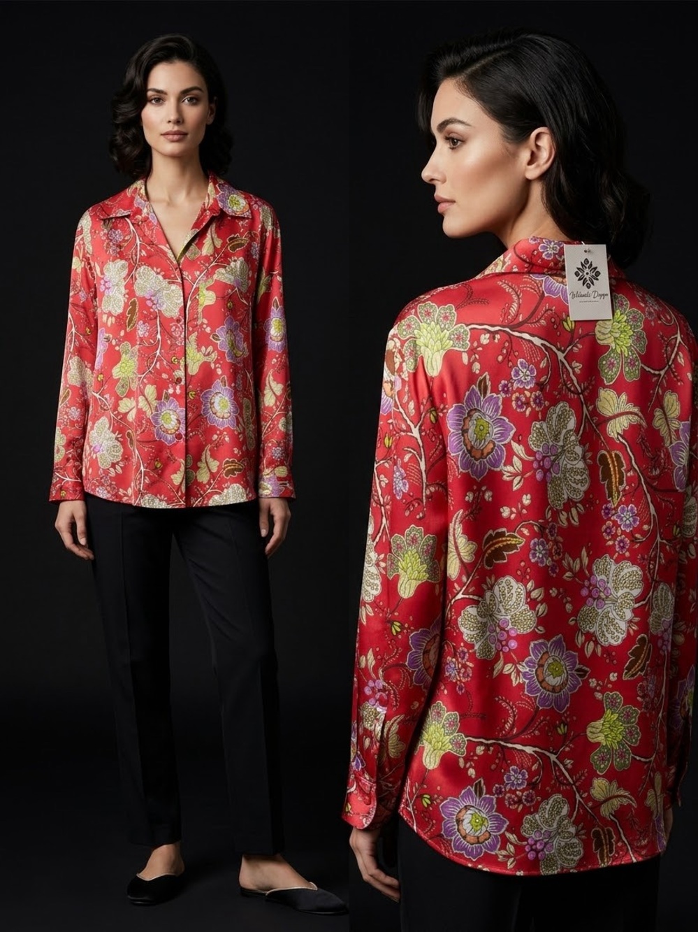 Zara Red Floral Button-Down Blouse